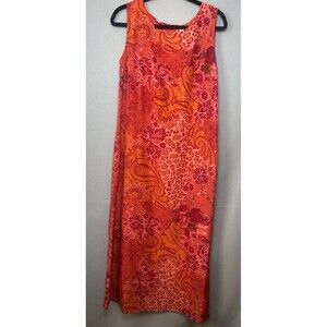 VTG Sleeveless Orange Red Maxi Dress Floral Boho Party Resort Vacation 12/14